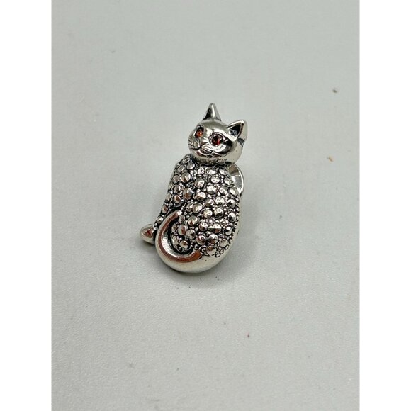 Vintage Cat Tack Pin Faux Marcasite Rhinestones & Red Eyes Brooch Silver Tone - Picture 4 of 6